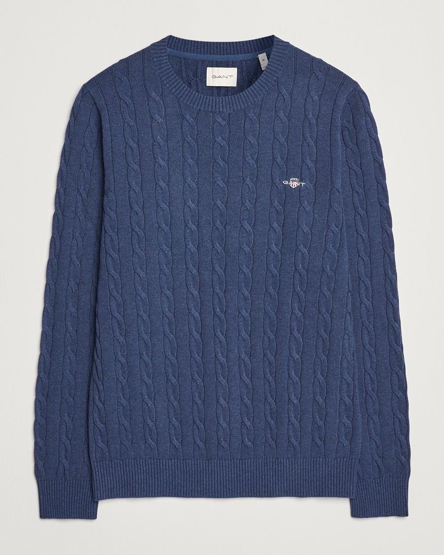 Heren | GANT | GANT Cotton Cable Crew Neck Dark Jeans Blue Melange