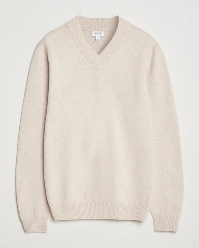 Heren | Sunspel | Sunspel Knitted Lambswool V-Neck Oatmeal Melange