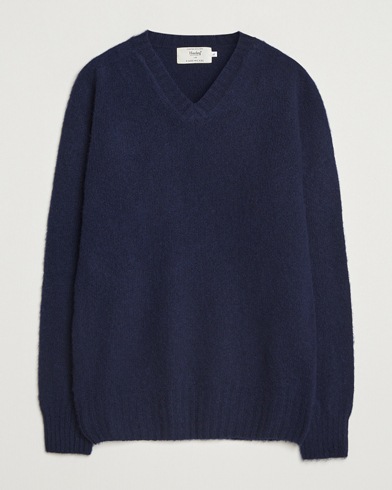Heren | Harley Of Scotland | Harley Of Scotland Brushed Supersoft Lambswool V-Neck Navy