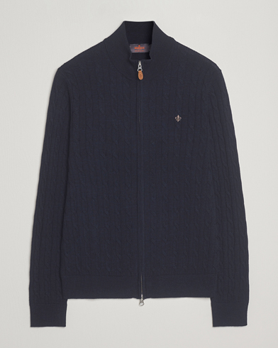 Heren | Morris | Morris Merino Cable Zip Cardigan Navy