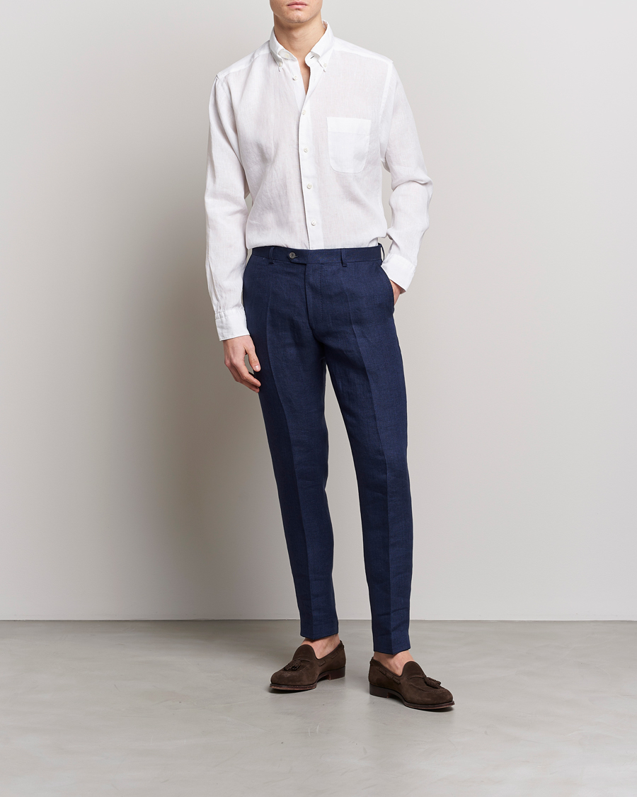 Heren | Overhemden | Eton | Slim Fit Linen Button Down Shirt White