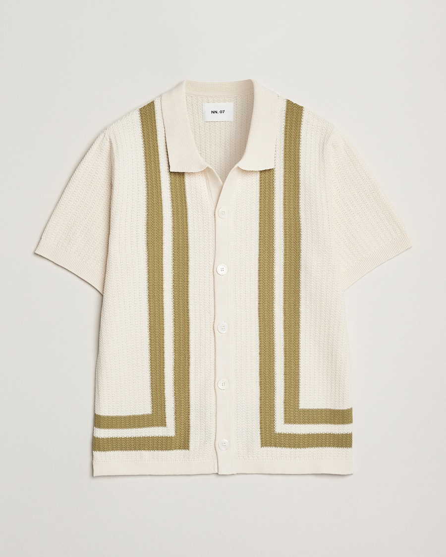 Heren | Business & Beyond - Casual | NN07 | Ares Knitted Short Sleeve Shirt Ivory/Green