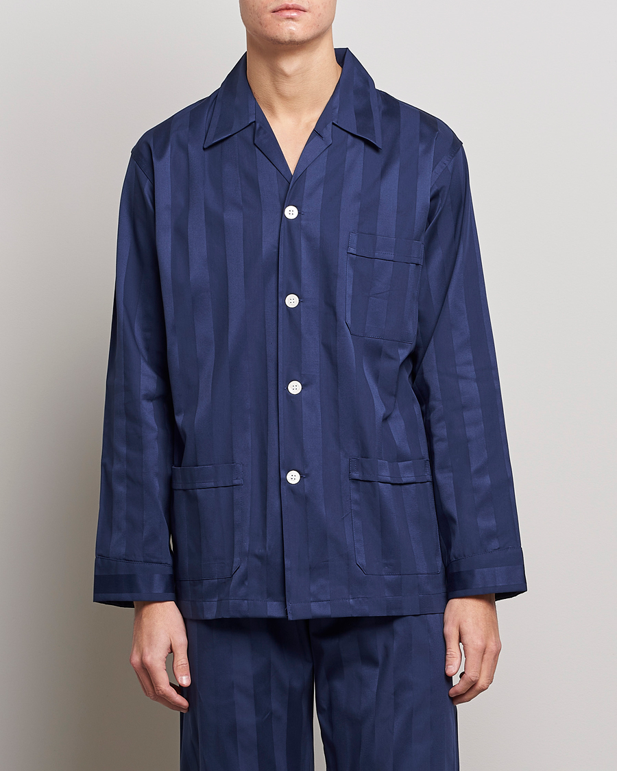 Heren |  | Derek Rose | Striped Cotton Satin Pyjama Set Navy