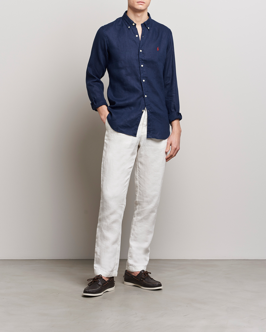 Heren | Overhemden | Polo Ralph Lauren | Slim Fit Linen Button Down Shirt Newport Navy