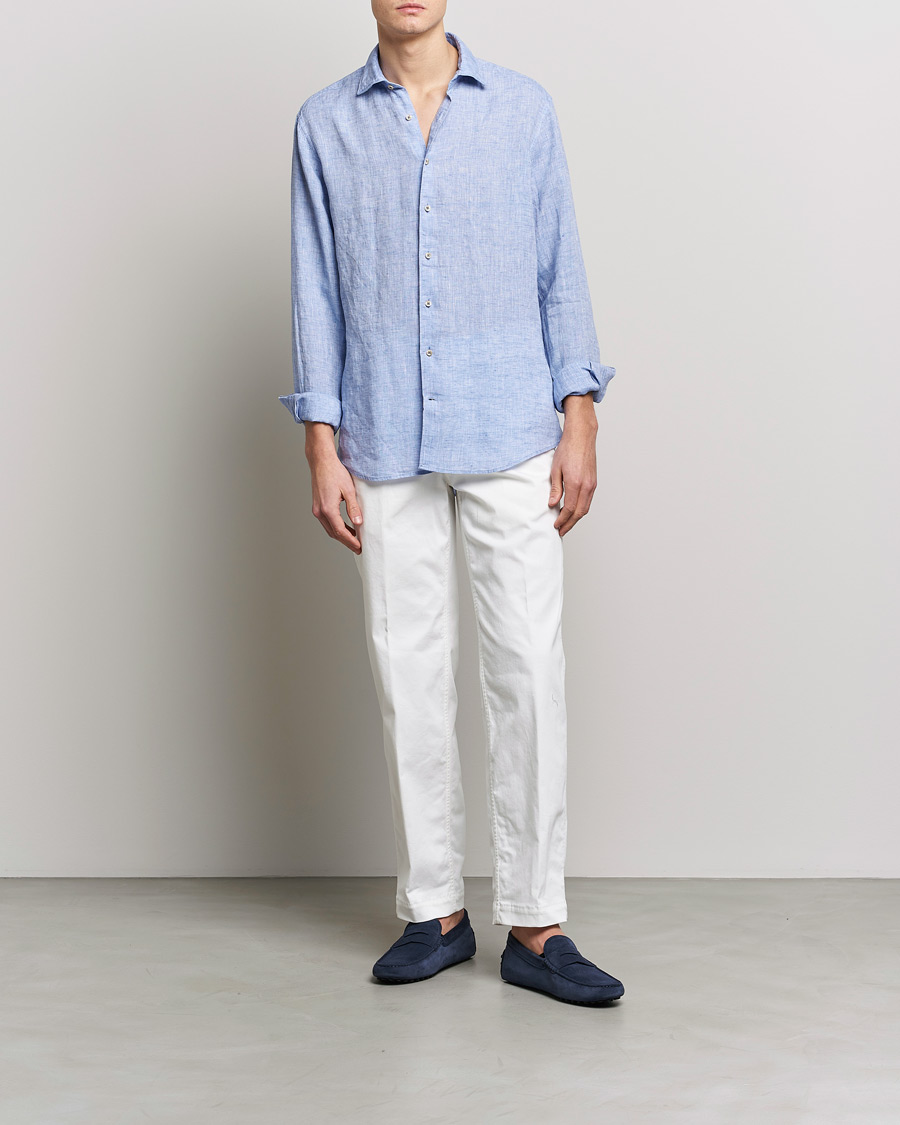 Stenstr ms Fitted Body Cut Away Linen Shirt Blue Man CareOfCarl