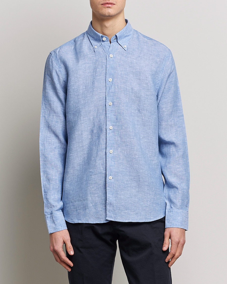 Heren |  | Oscar Jacobson | Regular Fit Button Down Linen Shirt Blue