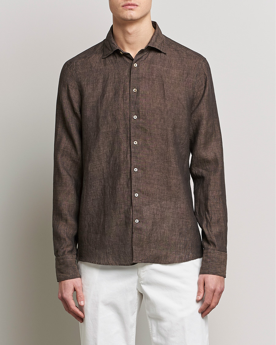 Heren |  | Stenströms | Slimline Cut Away Linen Shirt Dark Brown
