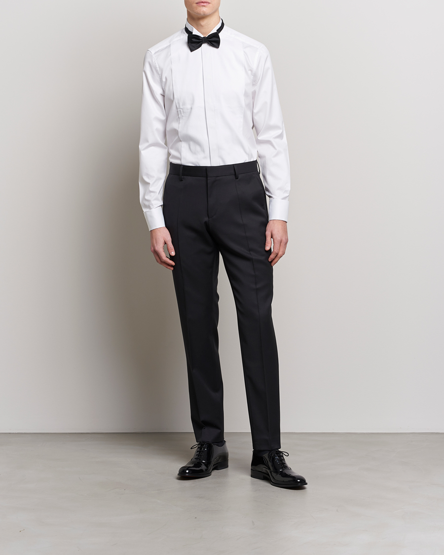 Heren | Zwarte stropdas | Stenströms | Slimline Stand Up Collar Plissè Shirt White