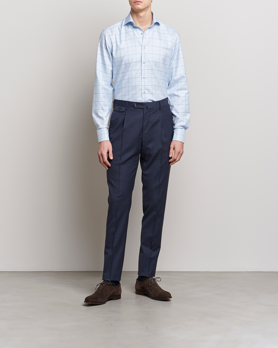 Heren | Stenströms | Stenströms | Fitted Body Cut Away Windowpane Shirt Blue