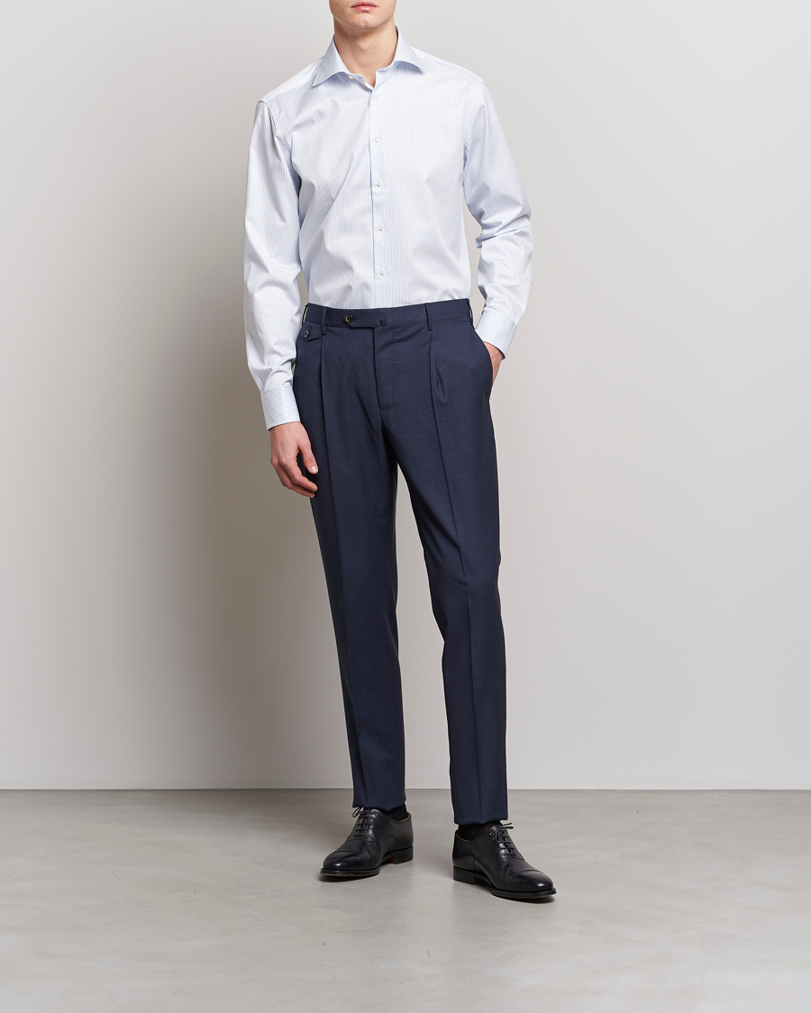 Heren | Stenströms | Stenströms | Fitted Body Cotton Double Cuff Shirt White/Blue