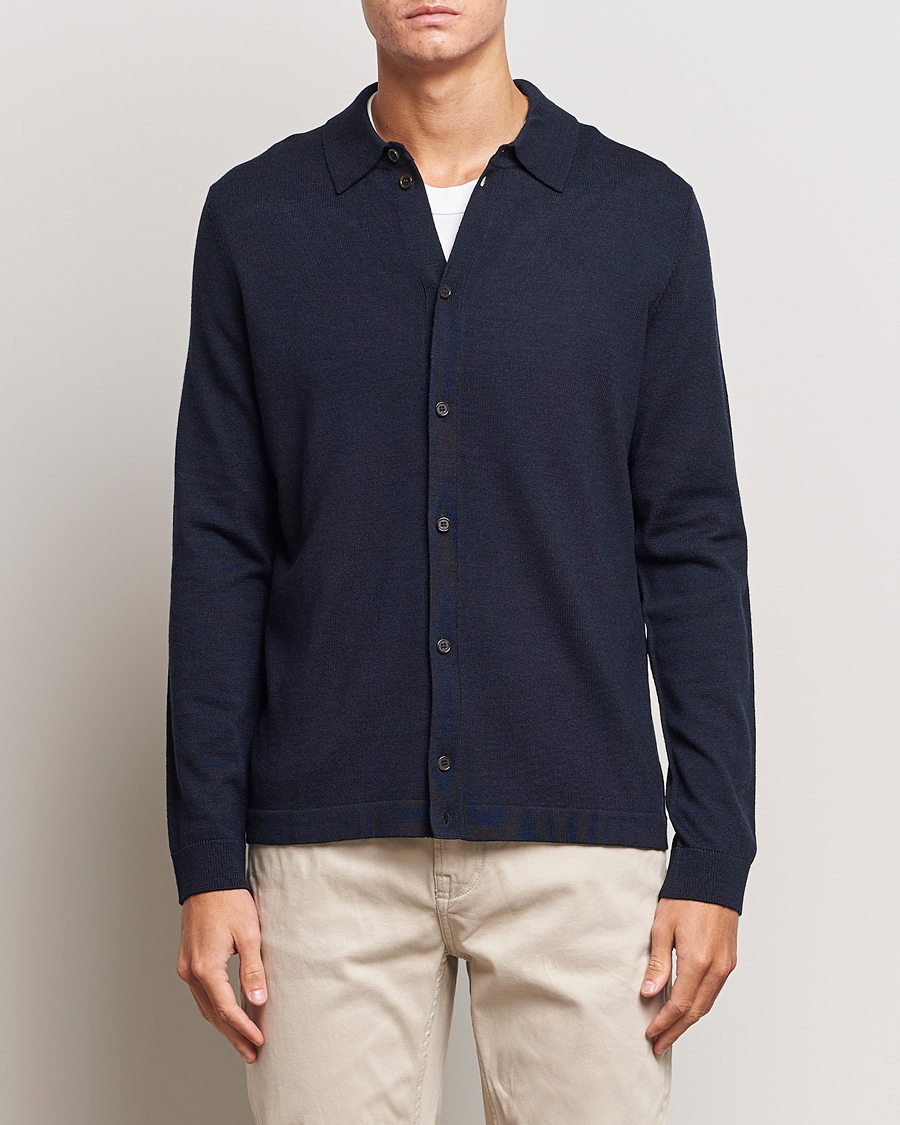 Heren |  | Morris | Merino Knitted Shirt Navy