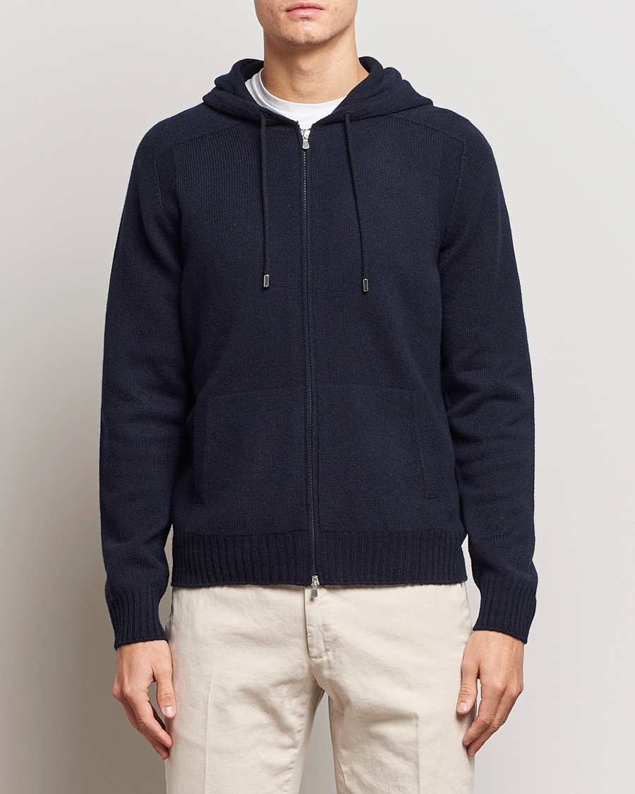 Heren |  | Gran Sasso | Full Zip Wool Hoodie Navy