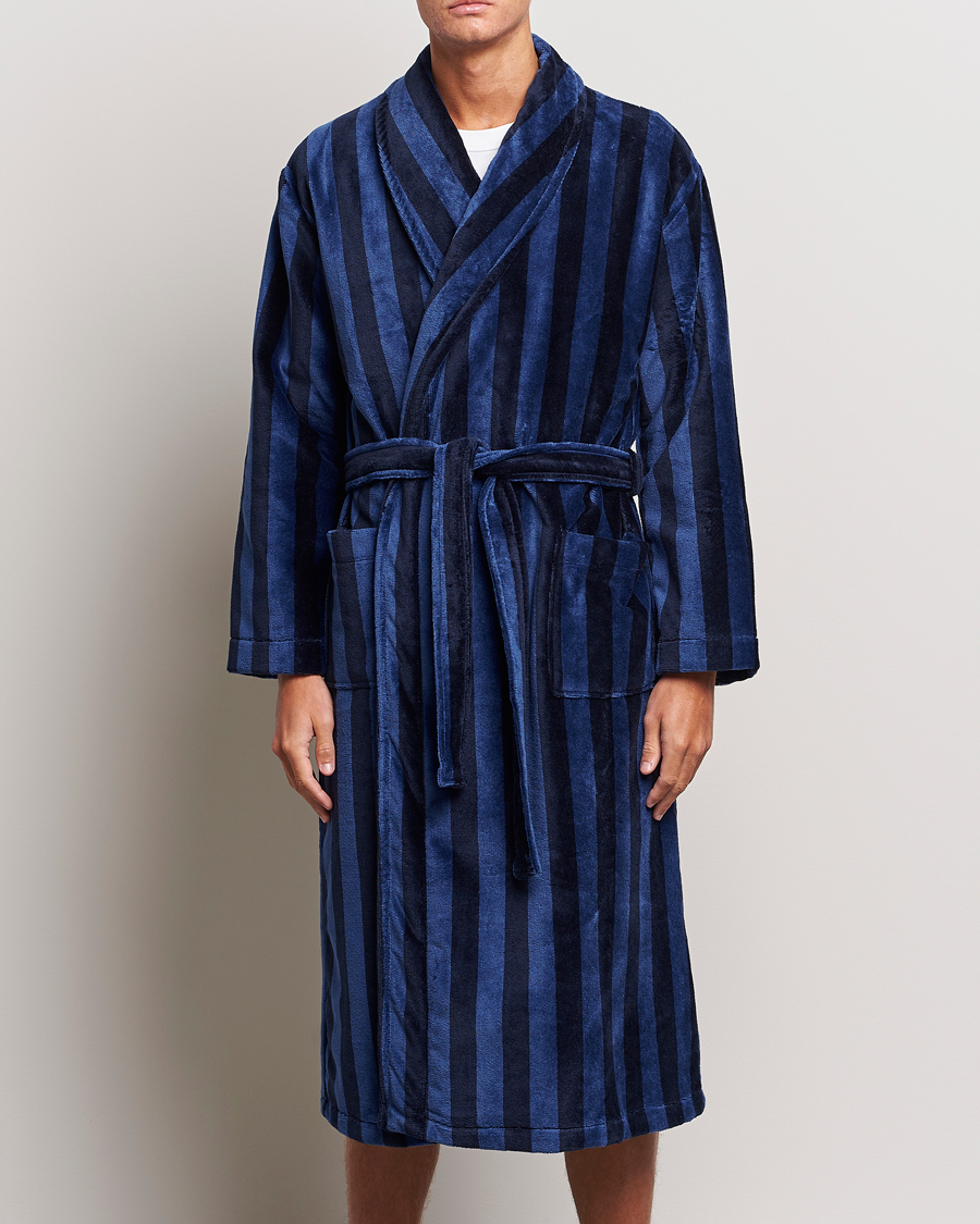 Heren |  | Derek Rose | Cotton Velour Striped Gown Navy/Blue