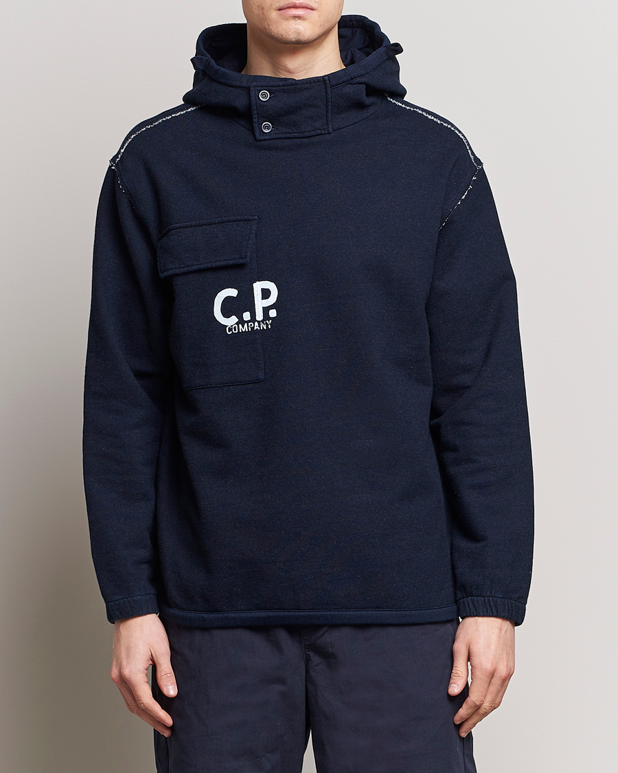 Heren |  | C.P. Company | Washed Indigo Fleece Hooded Sweatshirt Navy