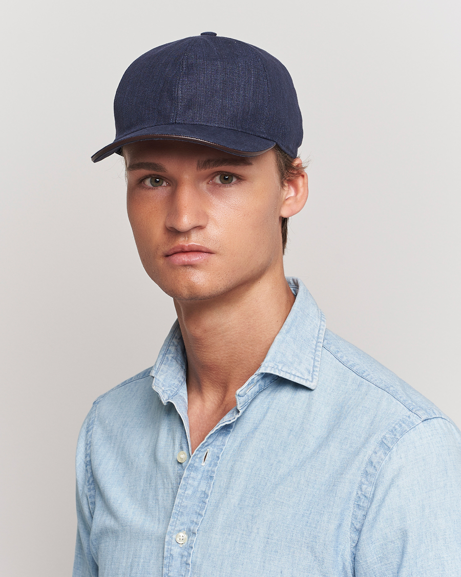 Heren | Petten | Eton | Solid Linen Cap Navy Blue