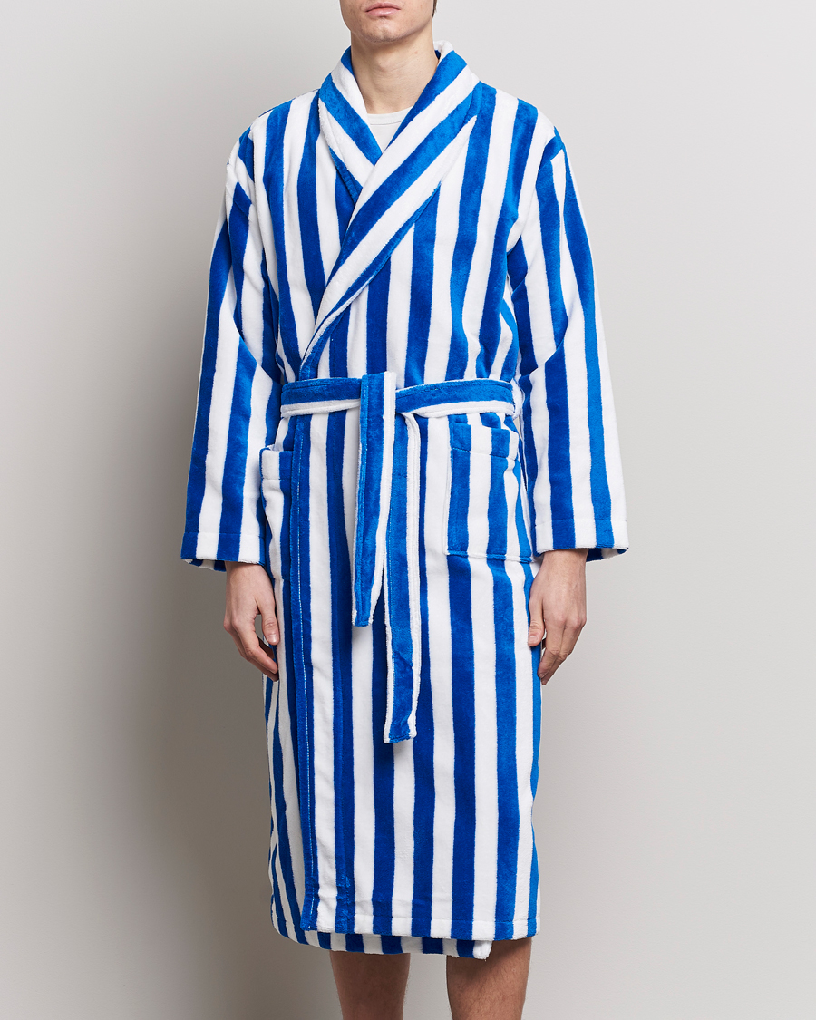 Heren |  | Derek Rose | Cotton Velour Striped Gown Blue/White