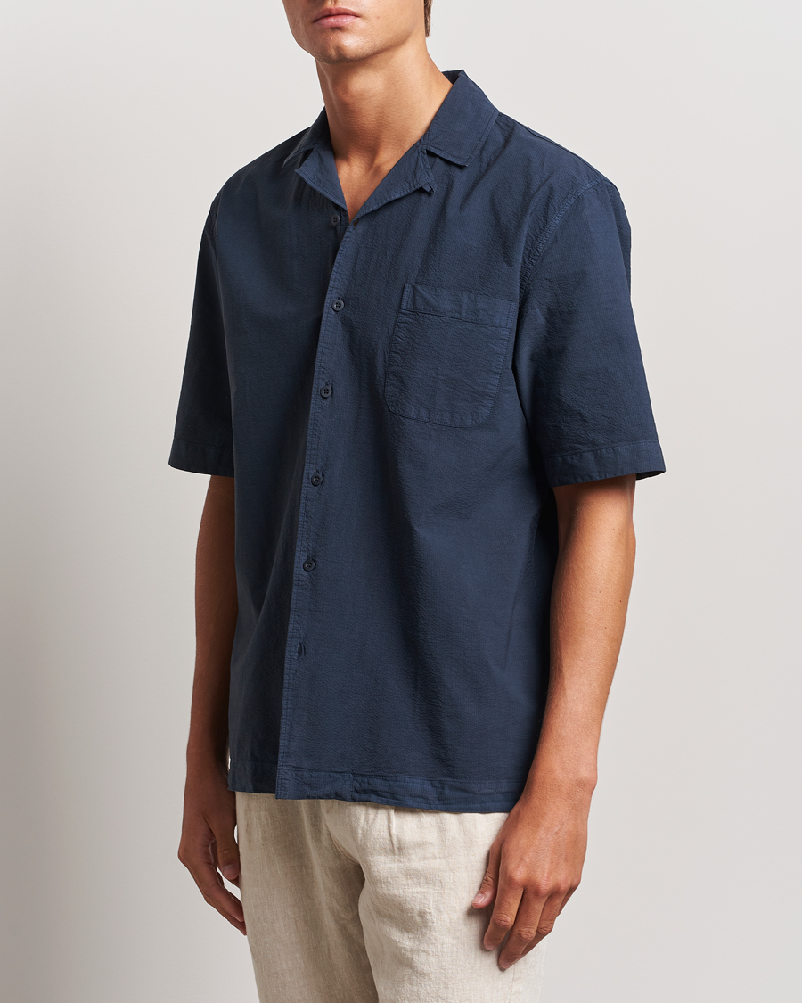 Heren |  | Sunspel | Lightweight Seersucker Shirt Navy