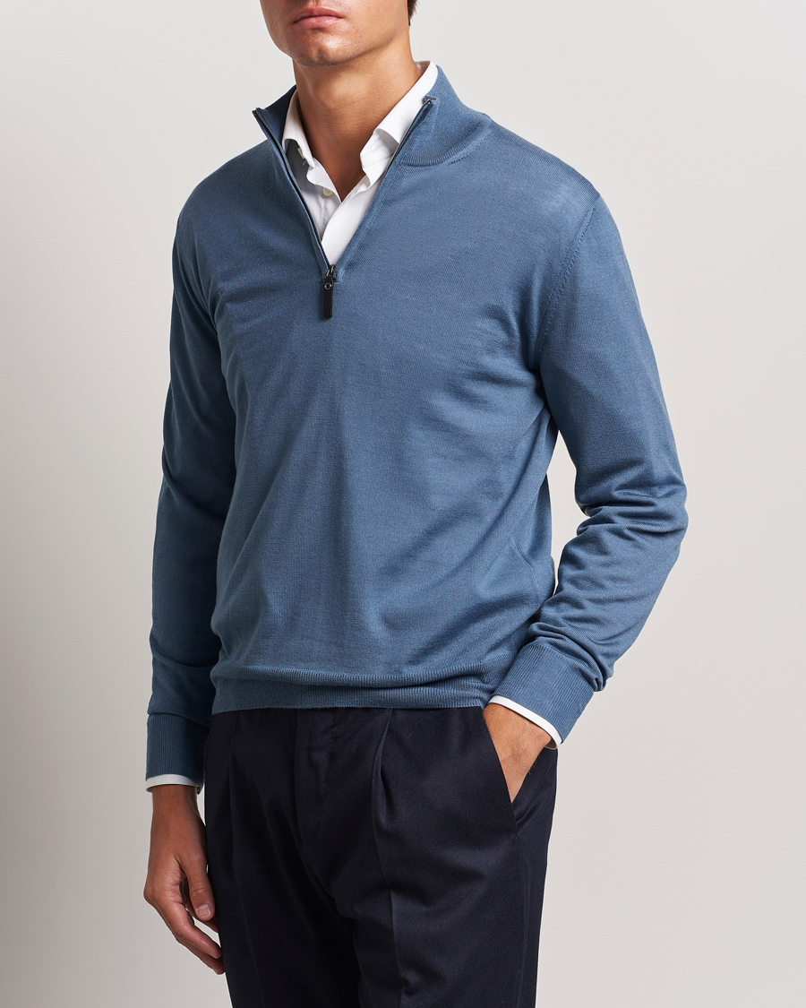 Heren |  | Canali | Merino Wool Half Zip Light Blue