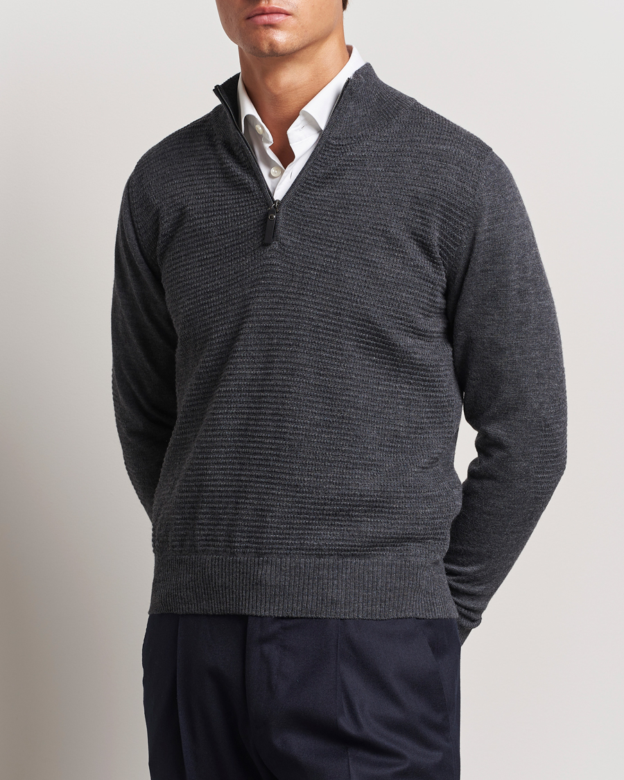 Heren |  | Canali | Textured Knit Half Zip Charcoal