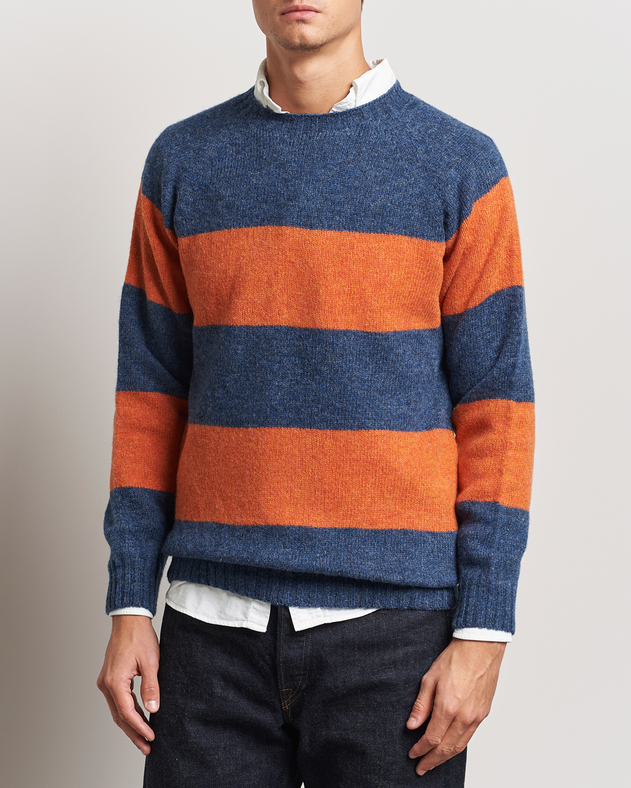 Heren |  | Harley Of Scotland | Block Stripe Lambswool Crewneck Blue/Orange