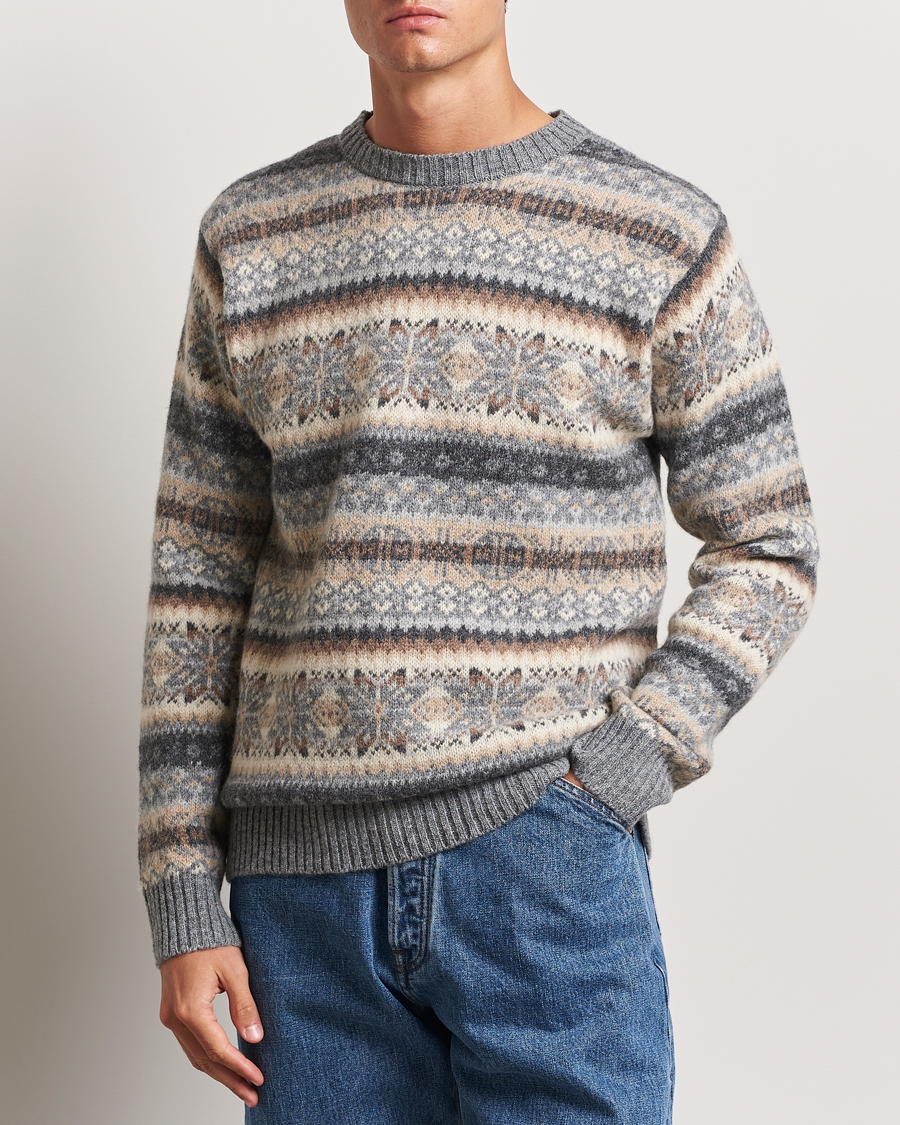 Heren |  | Harley Of Scotland | Supersoft Lambswool Fairisle Crewneck Grey