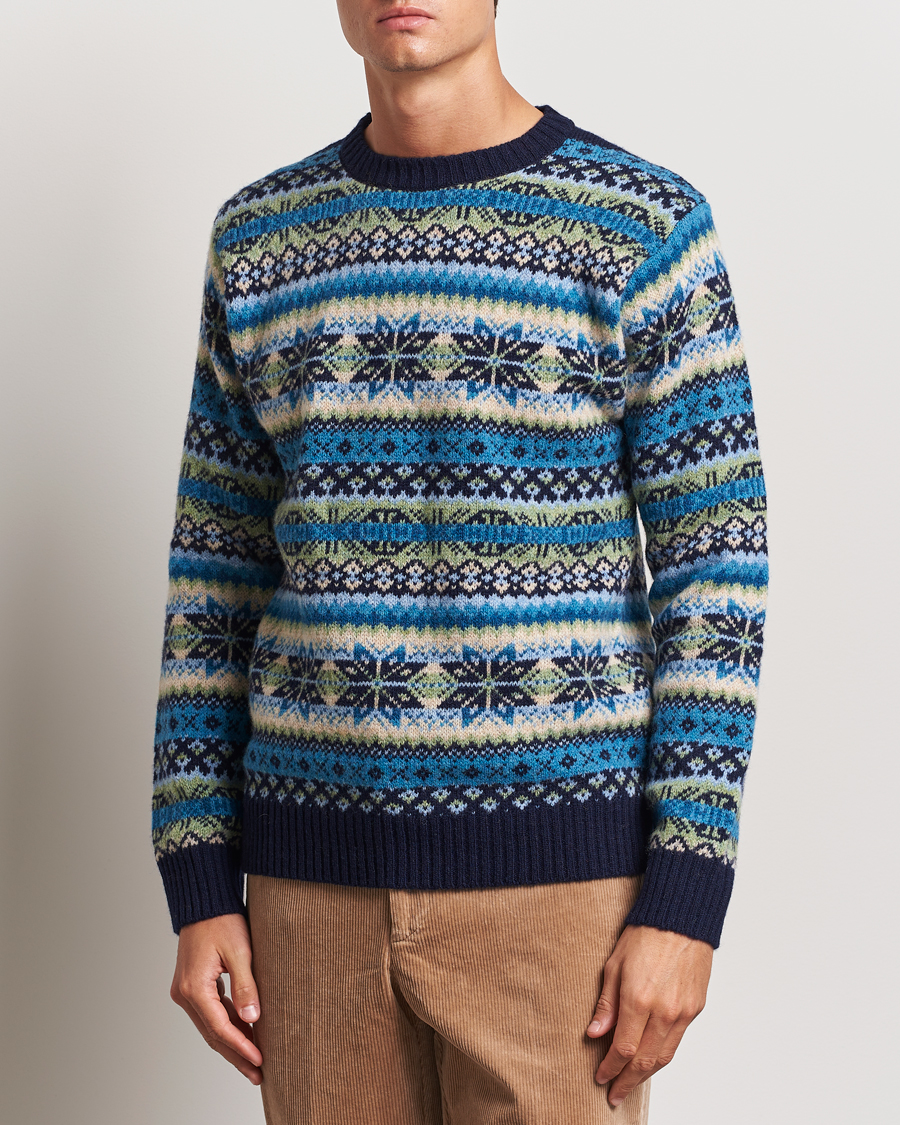 Heren | Harley Of Scotland | Harley Of Scotland | Supersoft Lambswool Fairisle Crewneck Navy