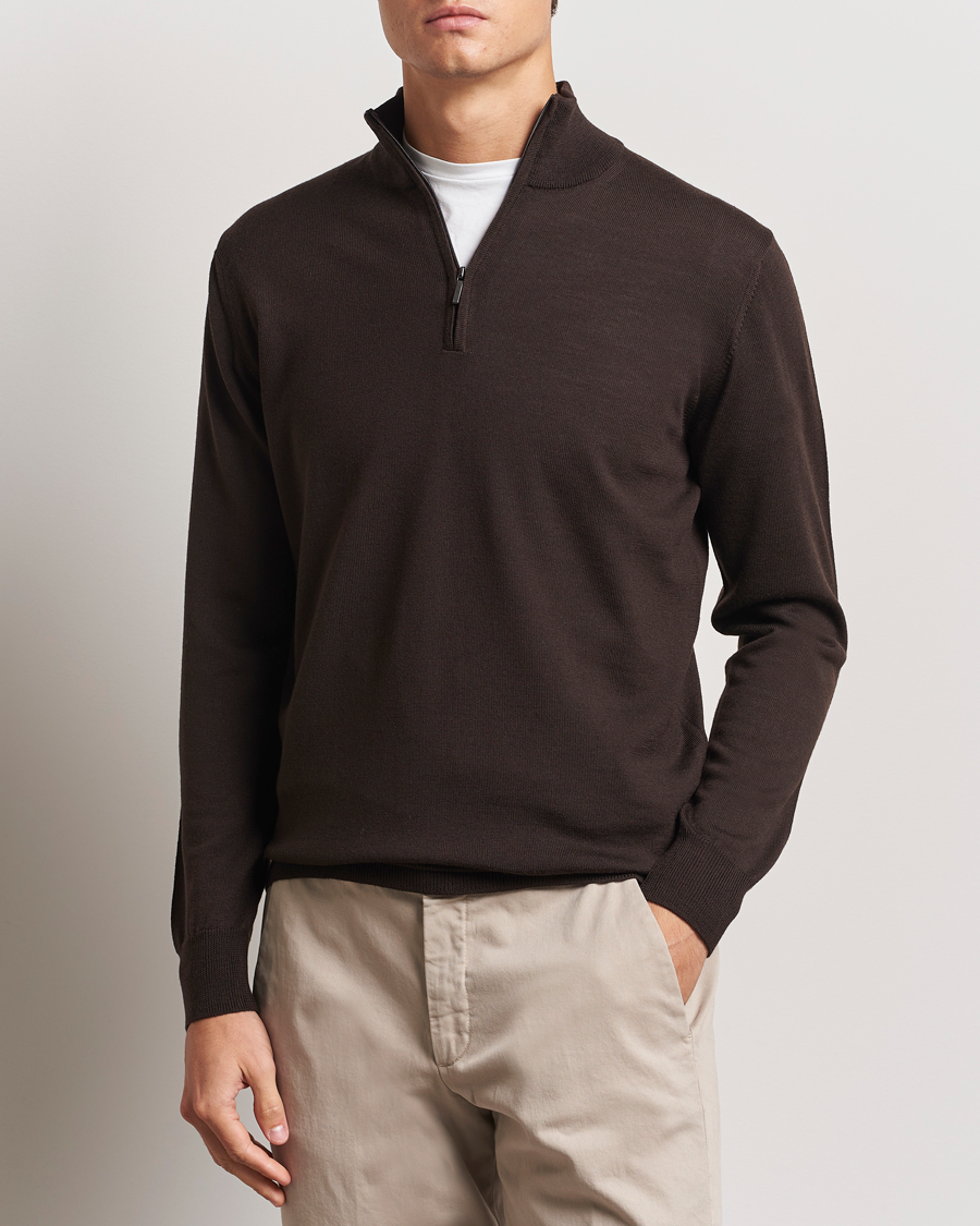 Heren |  | Morgano | Extra Fine Merino Wool Half-Zip Dark Brown