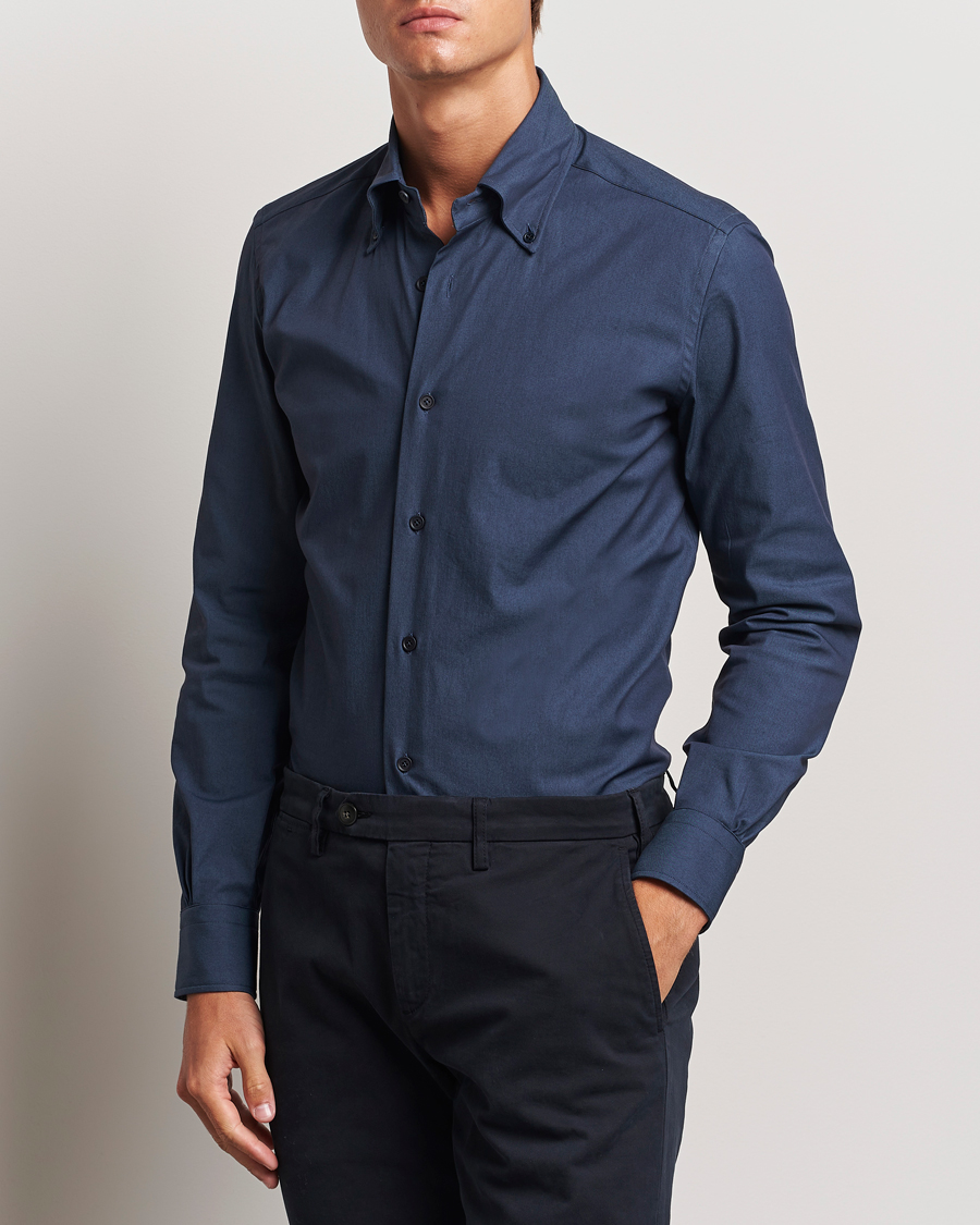 Heren |  | Mazzarelli | Soft Garment Dyed Button Down Shirt Navy