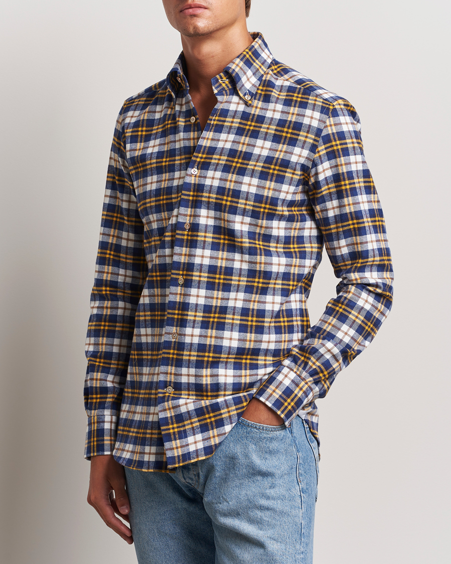 Heren |  | Mazzarelli | Soft Flannel Check Button Down Shirt Blue/White