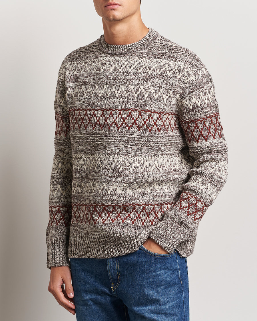 Heren |  | KnowledgeCotton Apparel | Knitted Pattern Lambswool Crewneck Brown