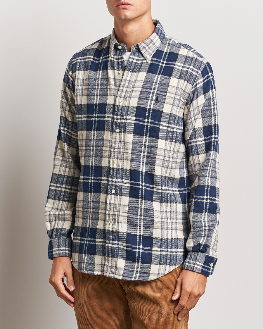 Heren |  | Polo Ralph Lauren | Custom Fit Brushed Flannel Checked Shirt Off White/Navy