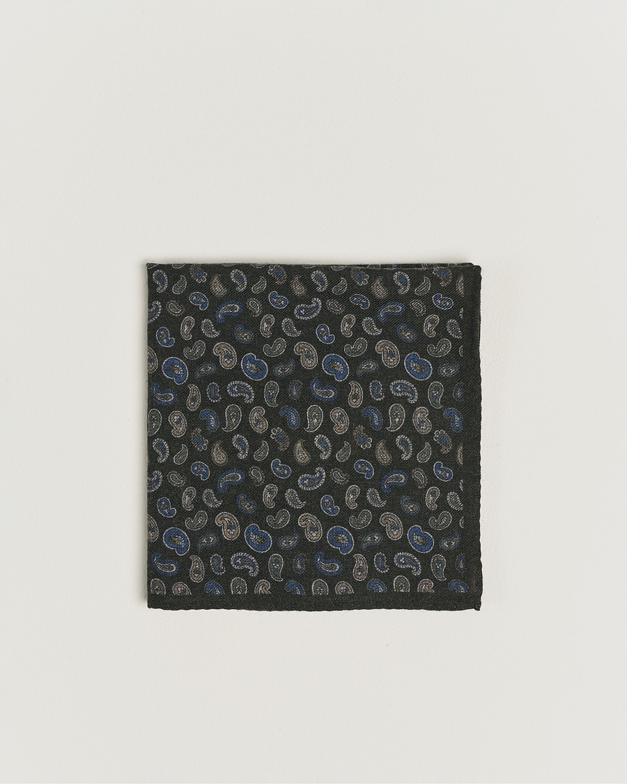 Heren |  | Amanda Christensen | Wool Flannel Printed Paisley Pocket Square Dark Olive