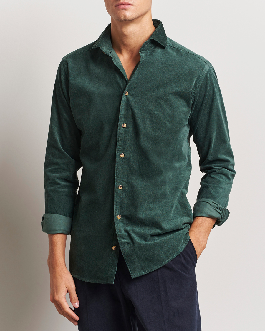 Heren | Corduroy Overhemden | Eton | Slim Fit Fine Wale Corduroy Shirt Dark Green