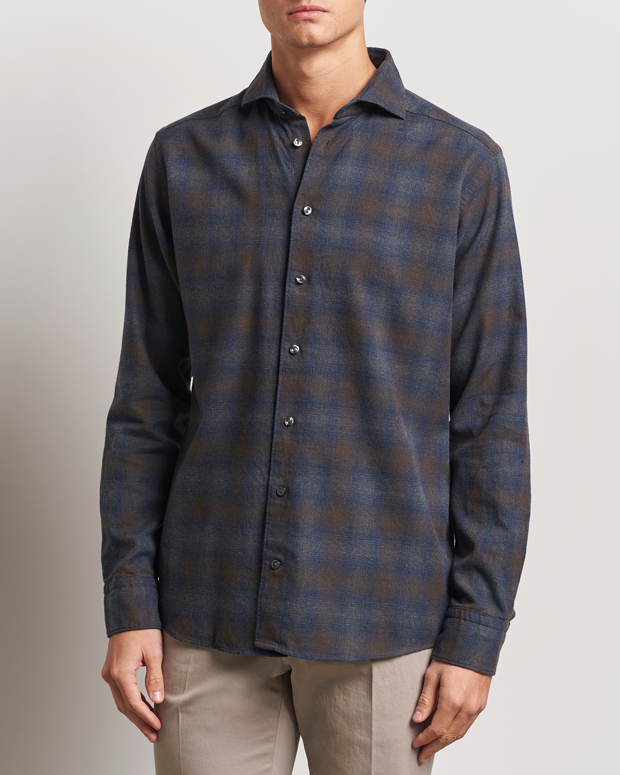 Heren |  | Eton | Slim Fit Checked Flannel Shirt Navy Blue