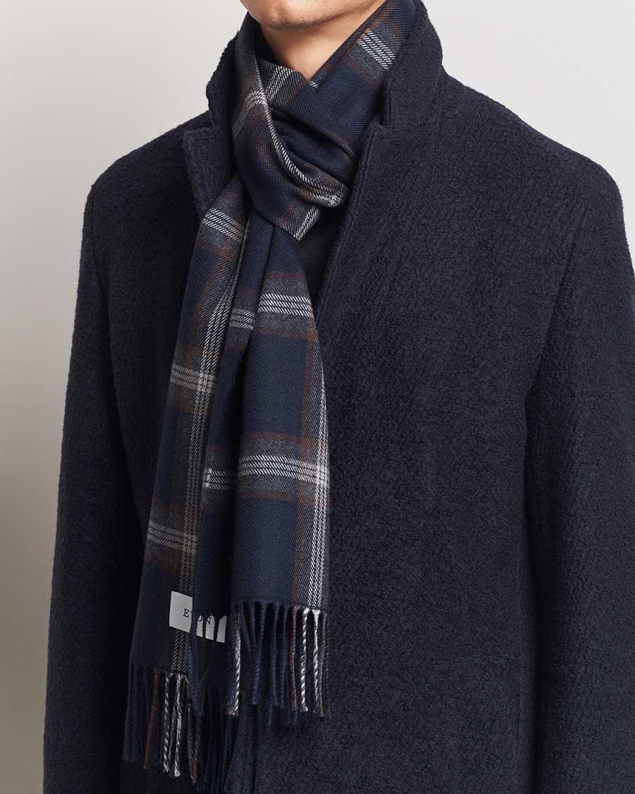 Heren |  | Eton | Merino Wool Checked Scarf Navy Blue