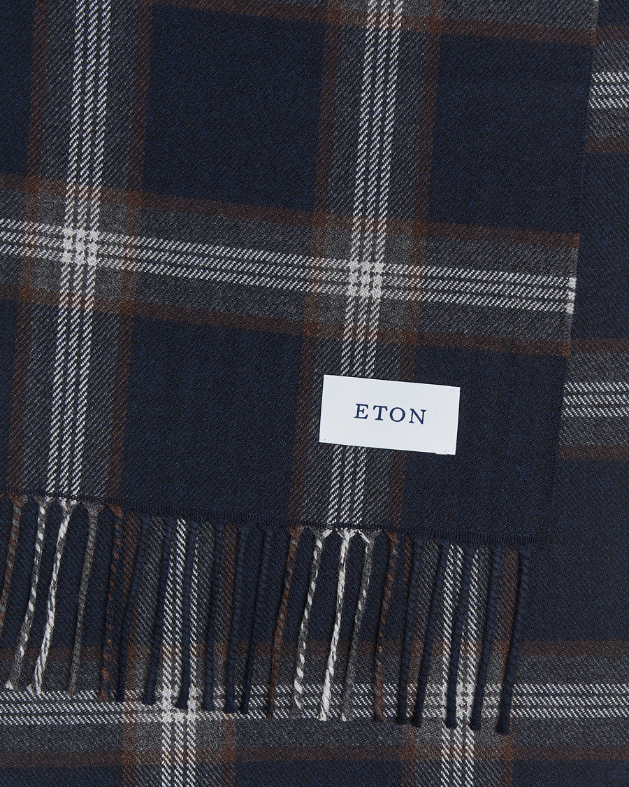 Heren |  | Eton | Merino Wool Checked Scarf Navy Blue