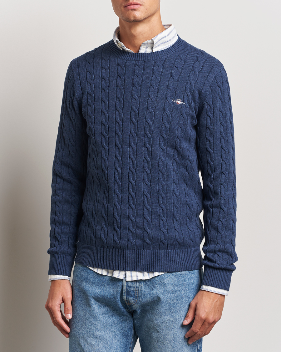 Heren |  | GANT | Cotton Cable Crew Neck Dark Jeans Blue Melange