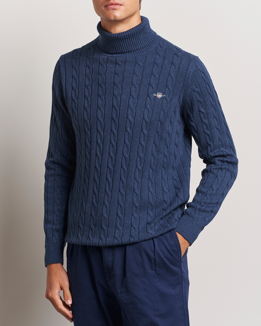 Heren |  | GANT | Cotton Cable Turtle Neck Dark Jeans Blue Melange