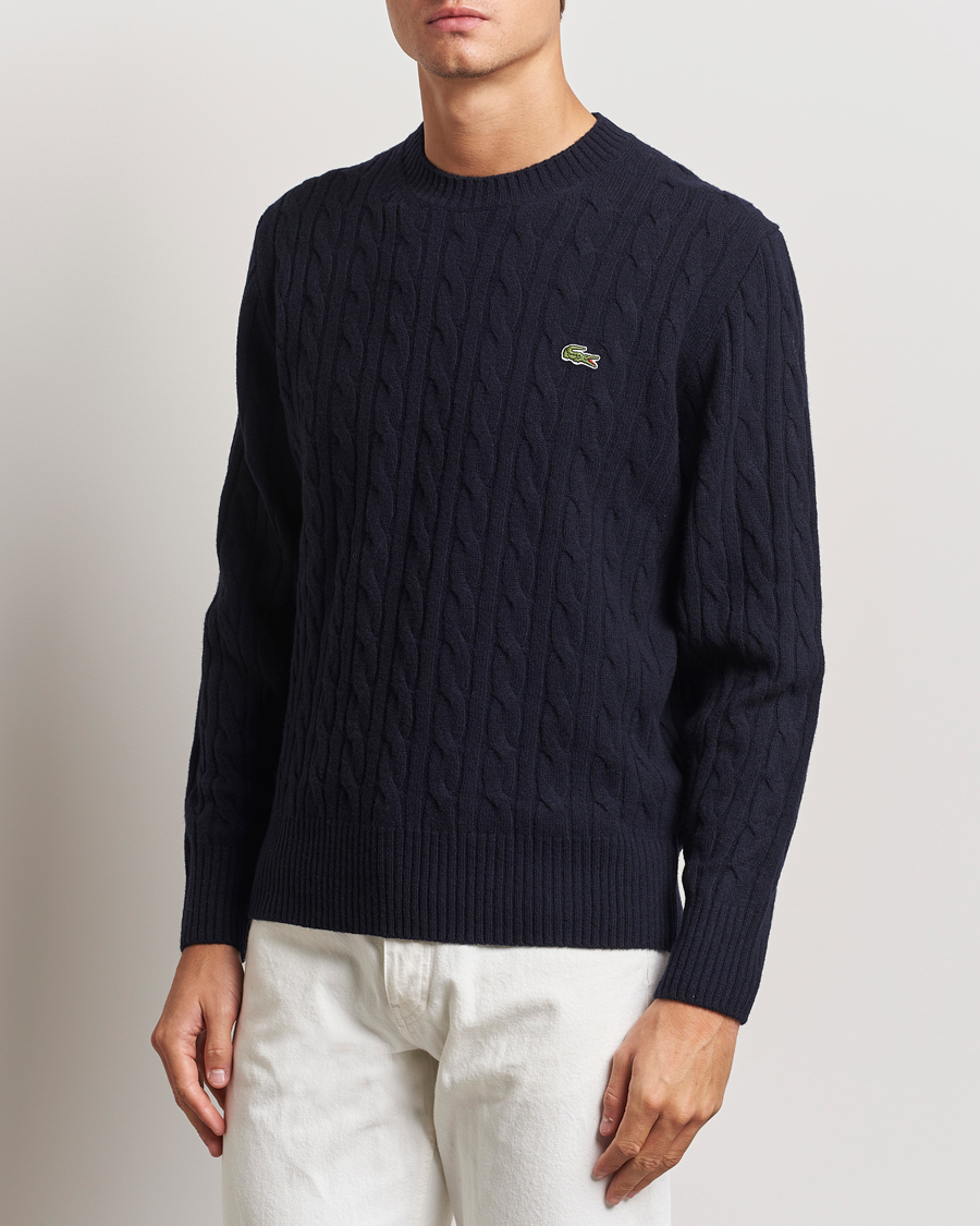 Heren |  | Lacoste | Carded Wool Cable Crew Neck Navy