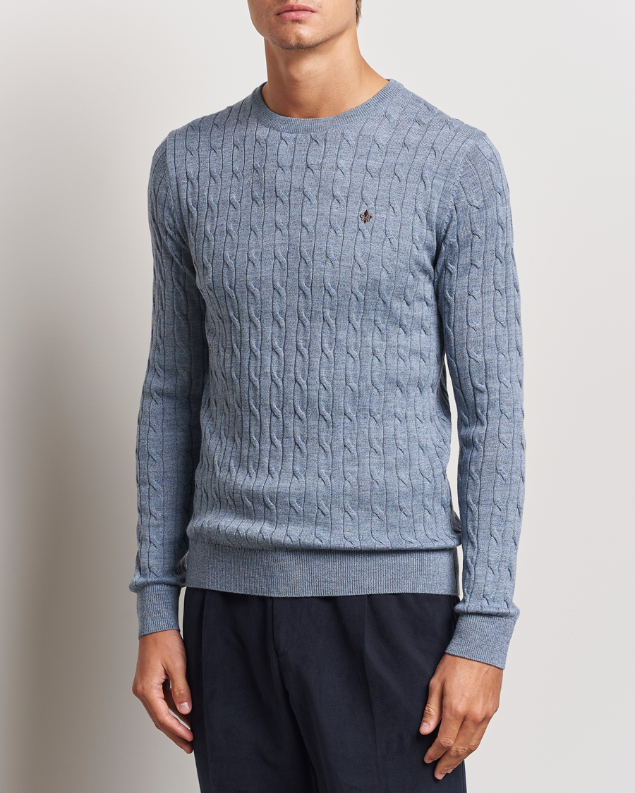 Heren | Business & Beyond - Casual | Morris | Merino Cable O-Neck Light Blue