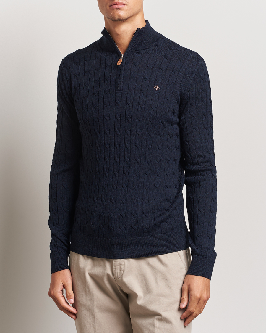 Heren |  | Morris | Merino Cable Half Zip Navy