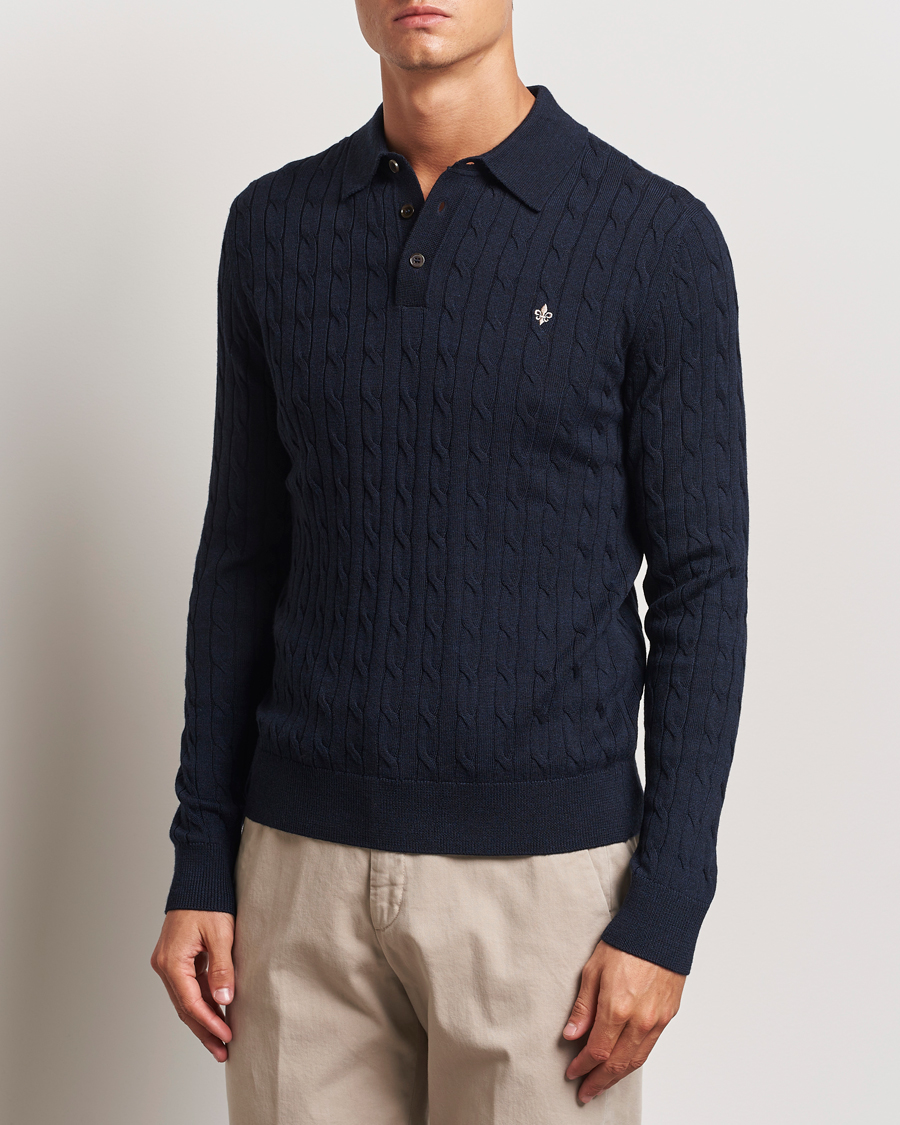 Heren |  | Morris | Merino Cable Polo Knit Navy