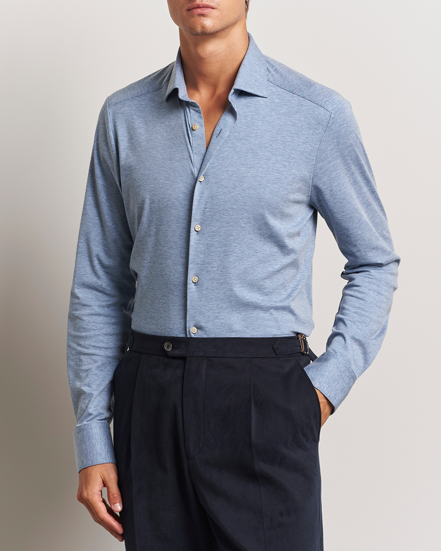 Heren |  | Stenströms | Slimline 4-Way Stretch Jersey Shirt Blue