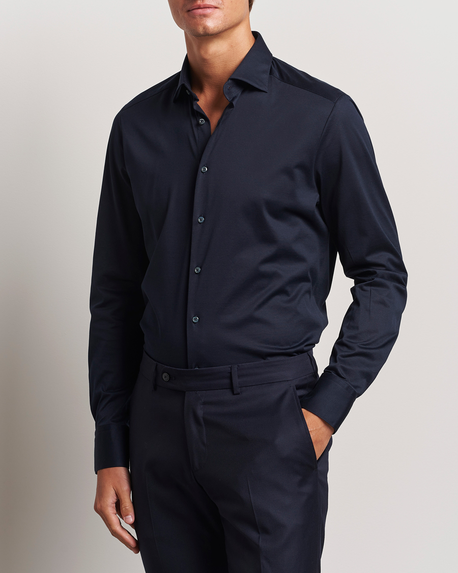 Heren | Business & Beyond | Stenströms | Slimline Stretch Jersey Shirt Navy