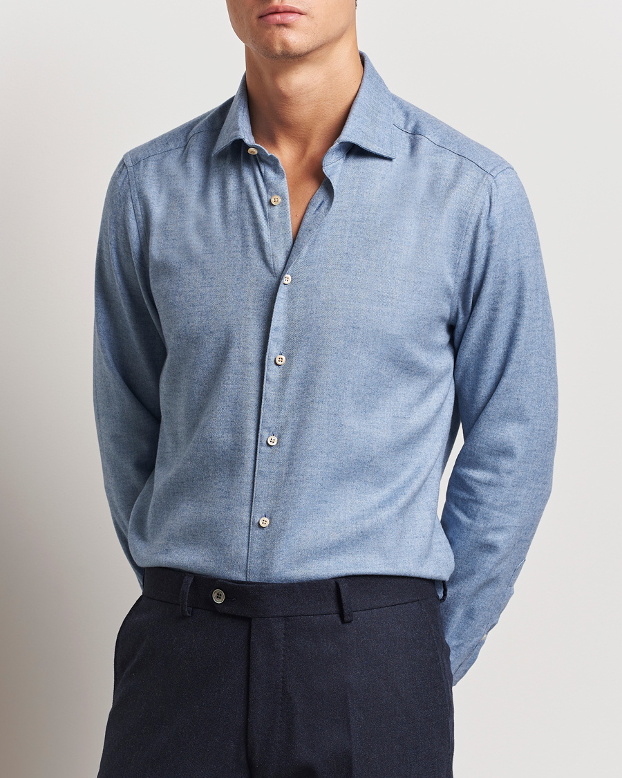 Heren |  | Stenströms | Slimline Brushed Cotton/Lyocell Cut Away Shirt Blue