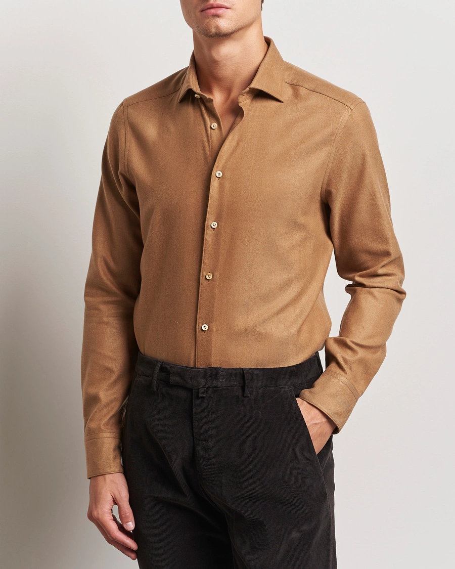 Heren |  | Stenströms | Slimline Brushed Cotton/Lyocell Cut Away Shirt Brown