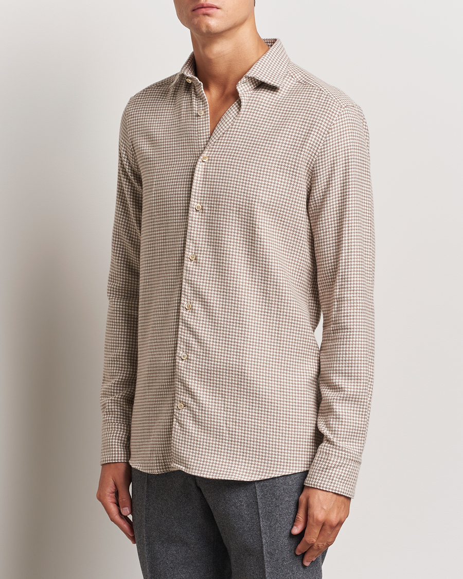 Heren |  | Stenströms | Slimline Flannel Houndstooth Shirt Light Brown