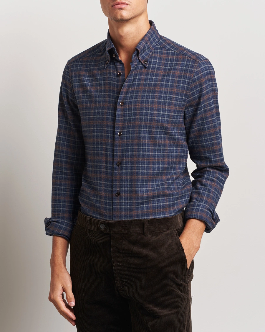 Heren |  | Stenströms | Slimline Small Check Flannel Shirt Dark Blue