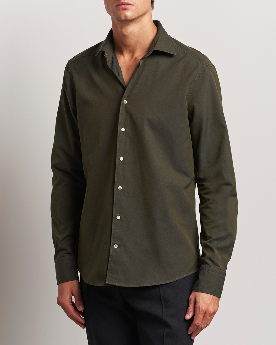 Heren |  | Stenströms | Slimline Cut Away Washed Twill Shirt Dark Green