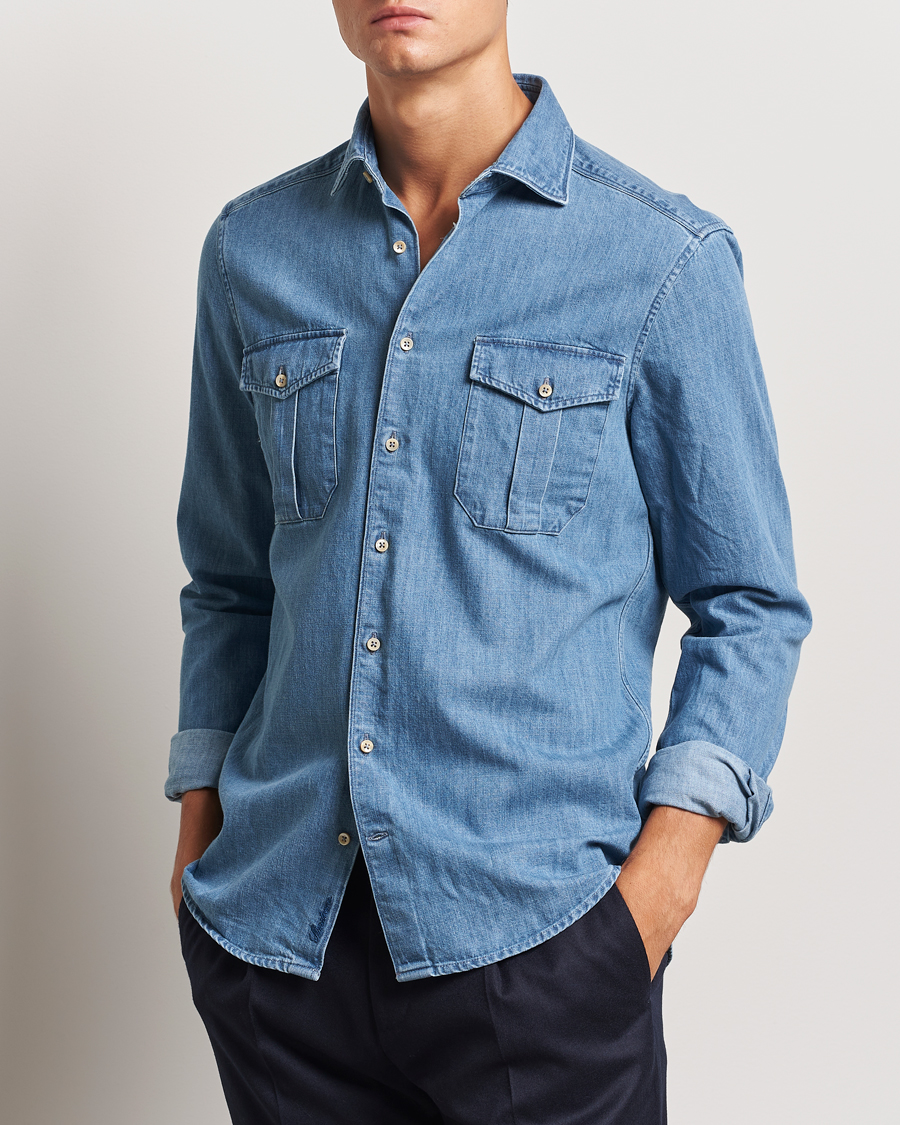 Heren |  | Stenströms | Slimline Double Pocket Denim Shirt Blue